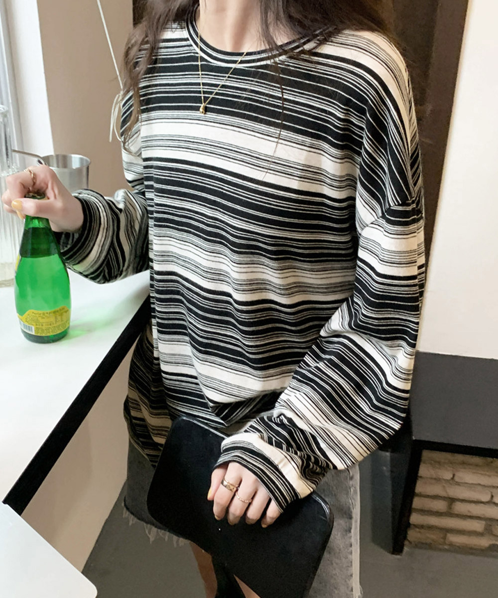 カジュアルコーデ 韓国風ボーダー長袖トップス春秋レディース