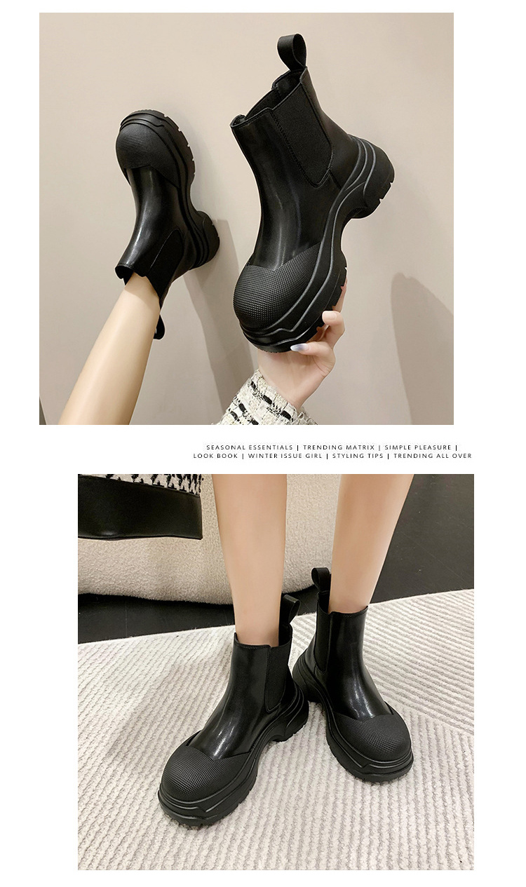 カジュアルコーデ 2024秋冬新作 黒色厚底サイドゴアブーツ 脚長美脚効果