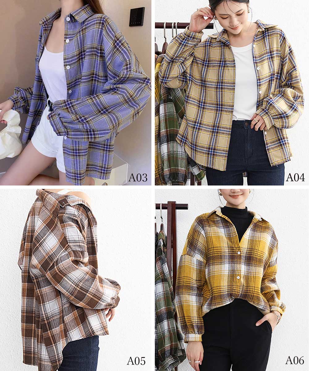 カジュアルコーデ ゆったりチェック柄シャツ 長袖 体型カバー