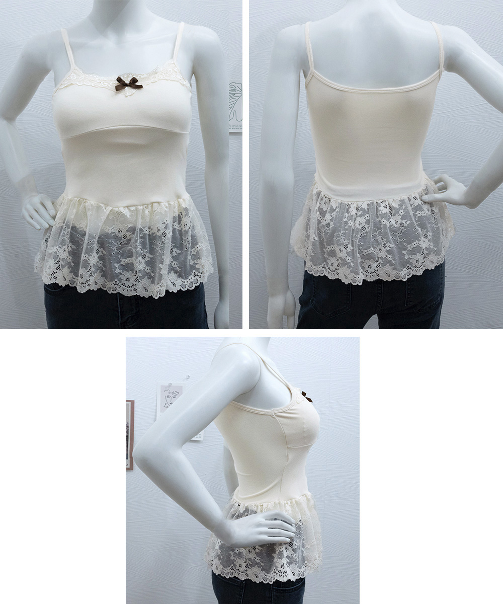 カジュアルコーデ 胸パッド付き裾レース切り替えキャミソール