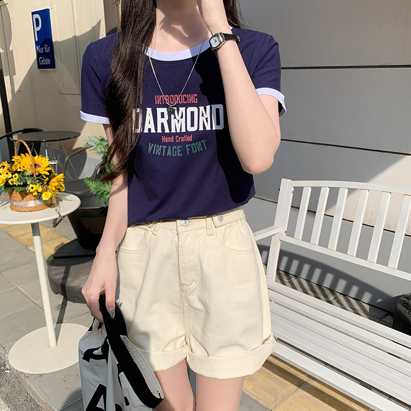 カジュアルコーデ レトロプリント リンガー半袖Tシャツ