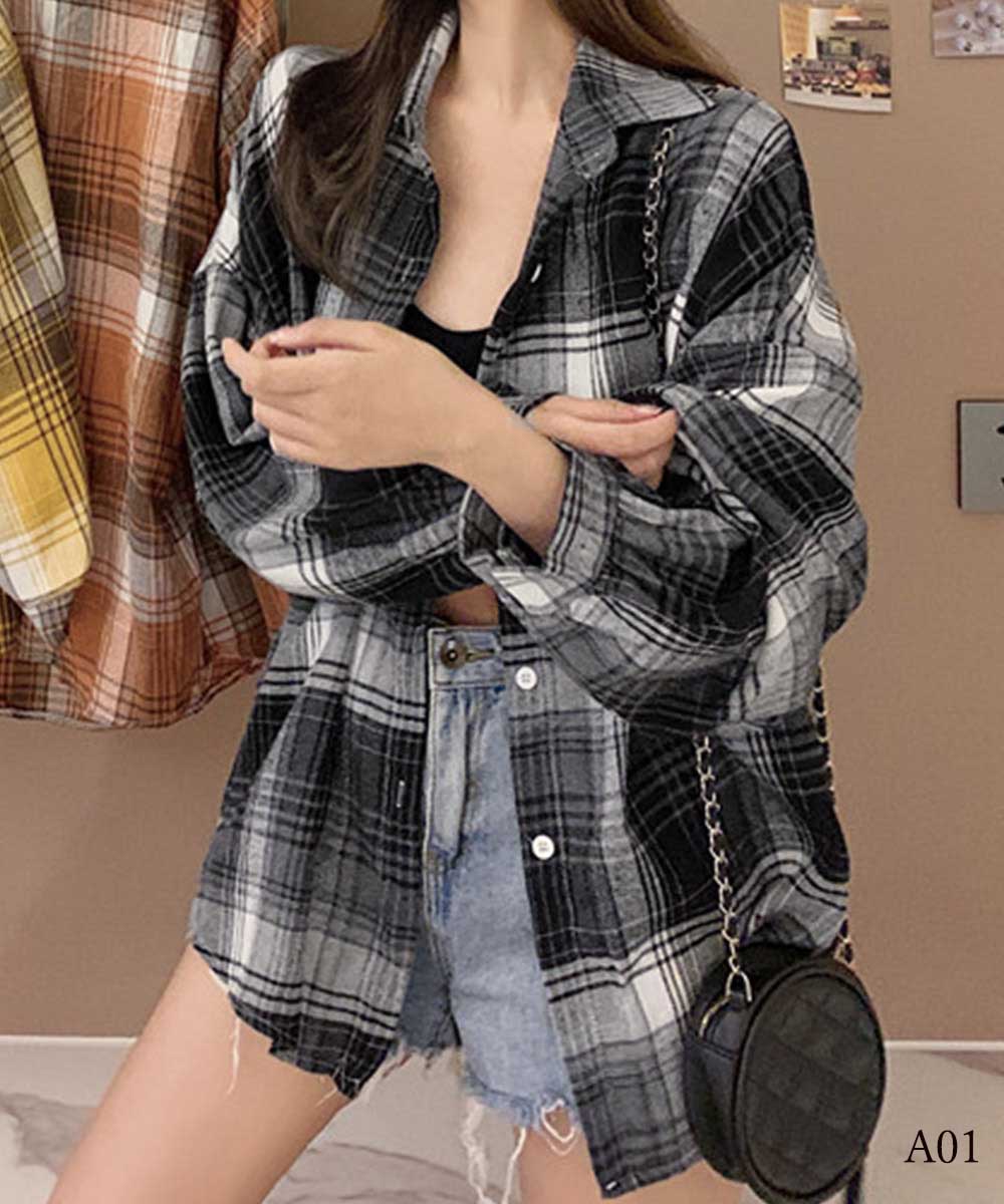 カジュアルコーデ ゆったりチェック柄シャツ 長袖 体型カバー