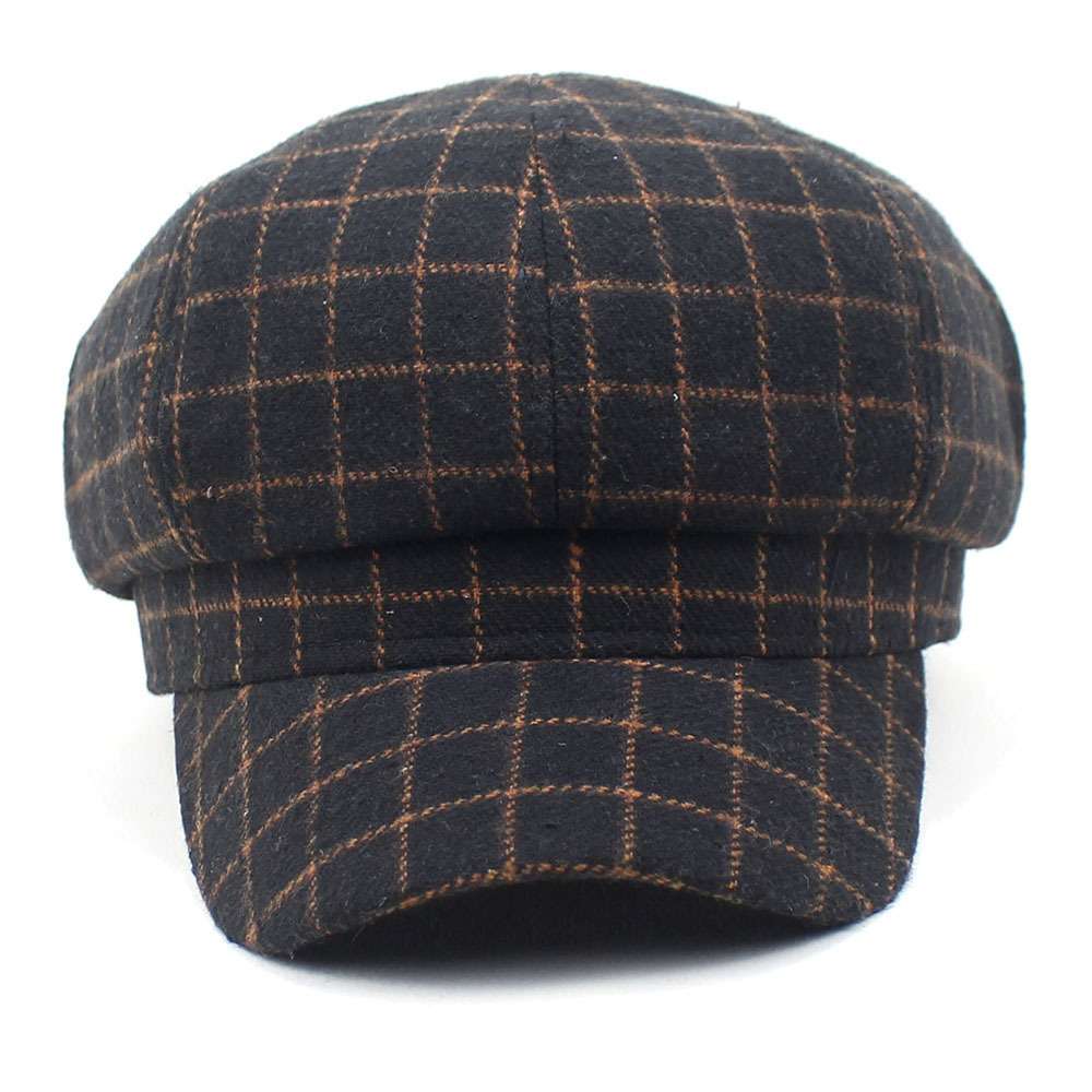 黒茶格子柄ウール混キャスケット帽