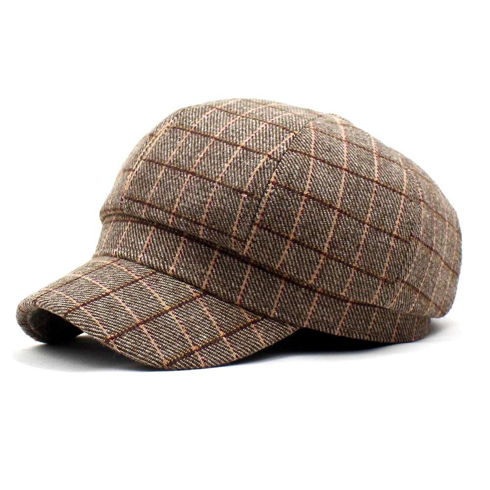 黒茶格子柄ウール混キャスケット帽