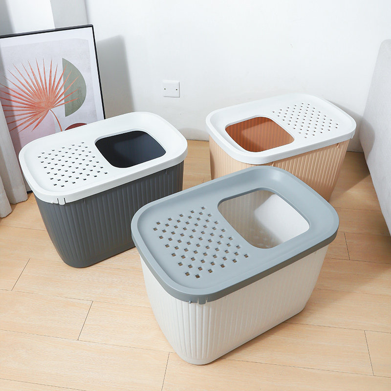 猫トイレ 上から入る縦溝デザイン深型猫トイレ