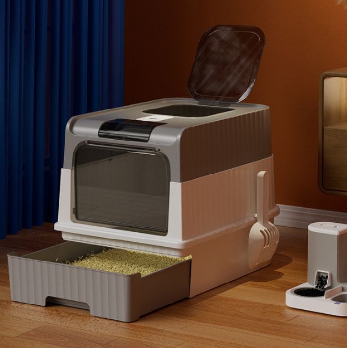 猫トイレ 上部開閉式引き出し付きドーム型猫トイレ