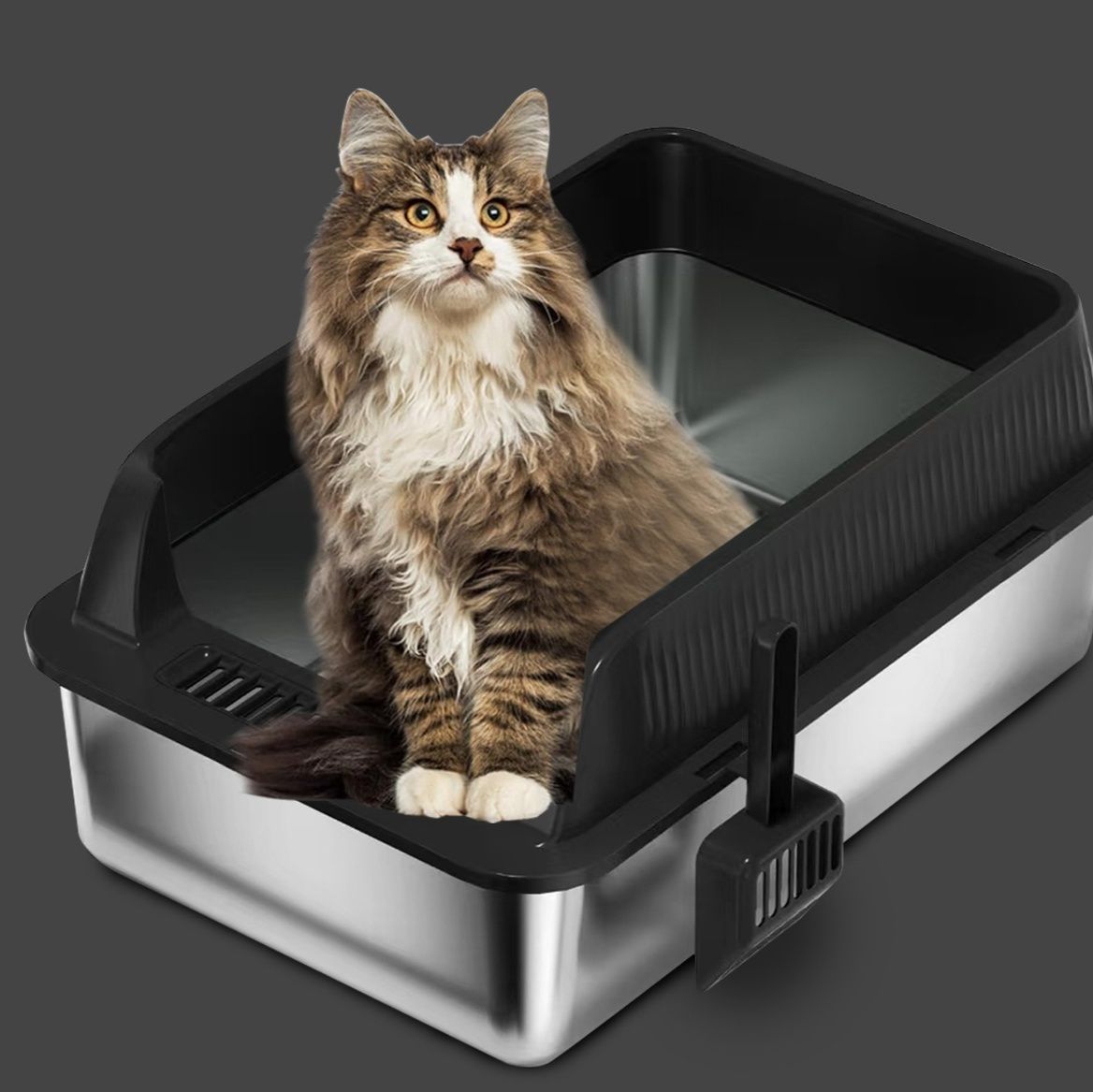 猫トイレ 砂飛び散り防止壁付き深型猫トイレ専用砂取りマット付