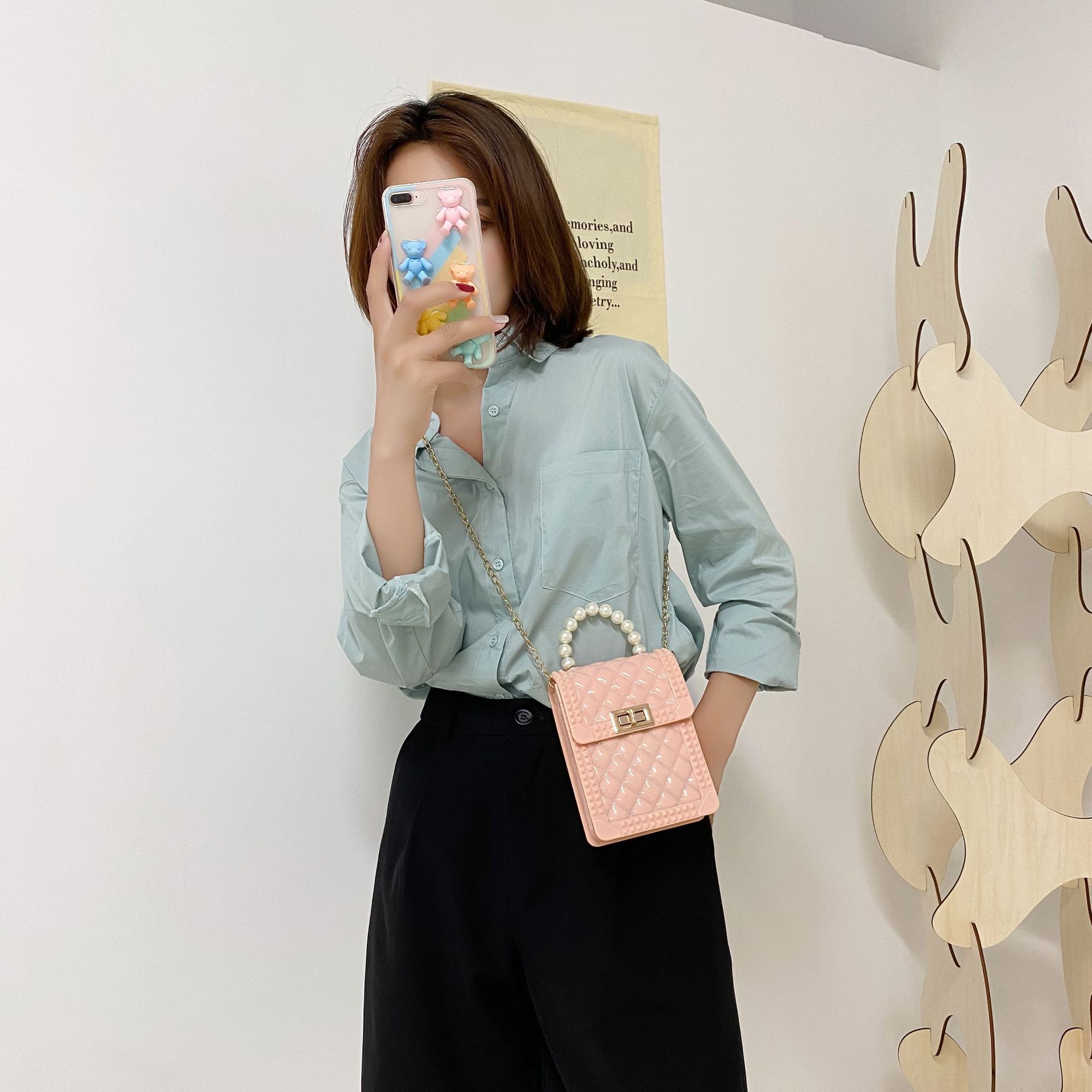 チェーン バッグ キルティング調ミニショルダーバッグ パール付きチェーンバッグ