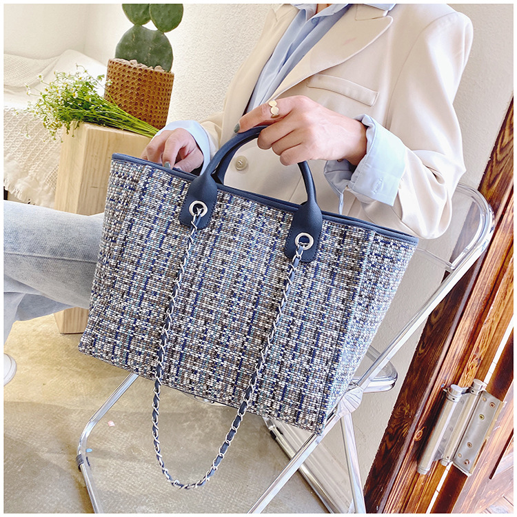 チェーン バッグ チェーン付きツイード生地トートショルダーバッグ