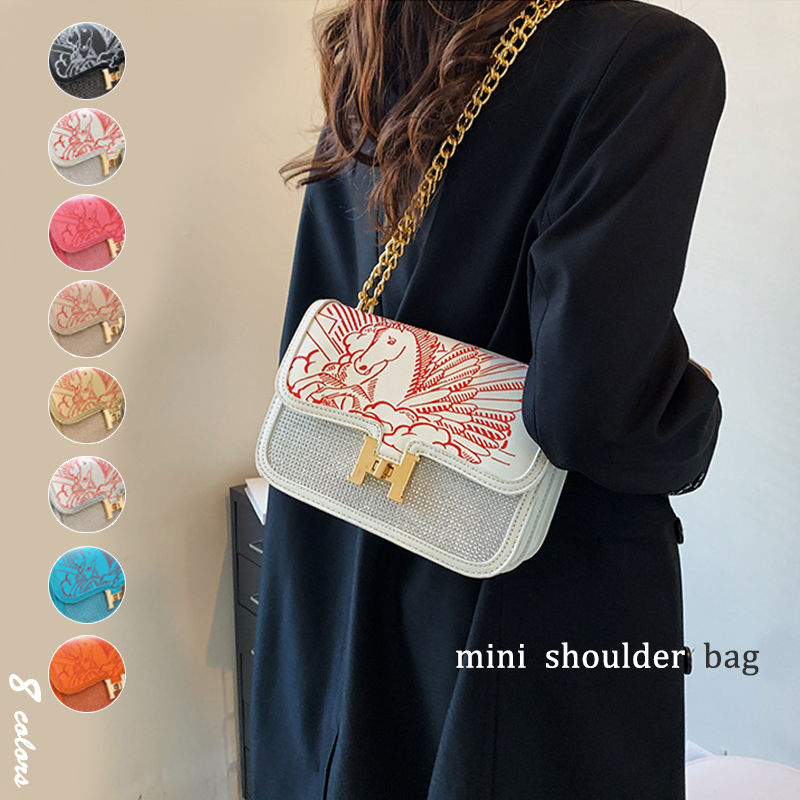 チェーン バッグ 刺繍柄ミニショルダーバッグ 金チェーン付き斜め掛け