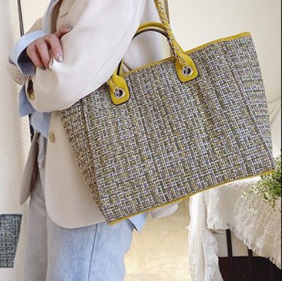 チェーン バッグ チェーン付きツイード生地トートショルダーバッグ