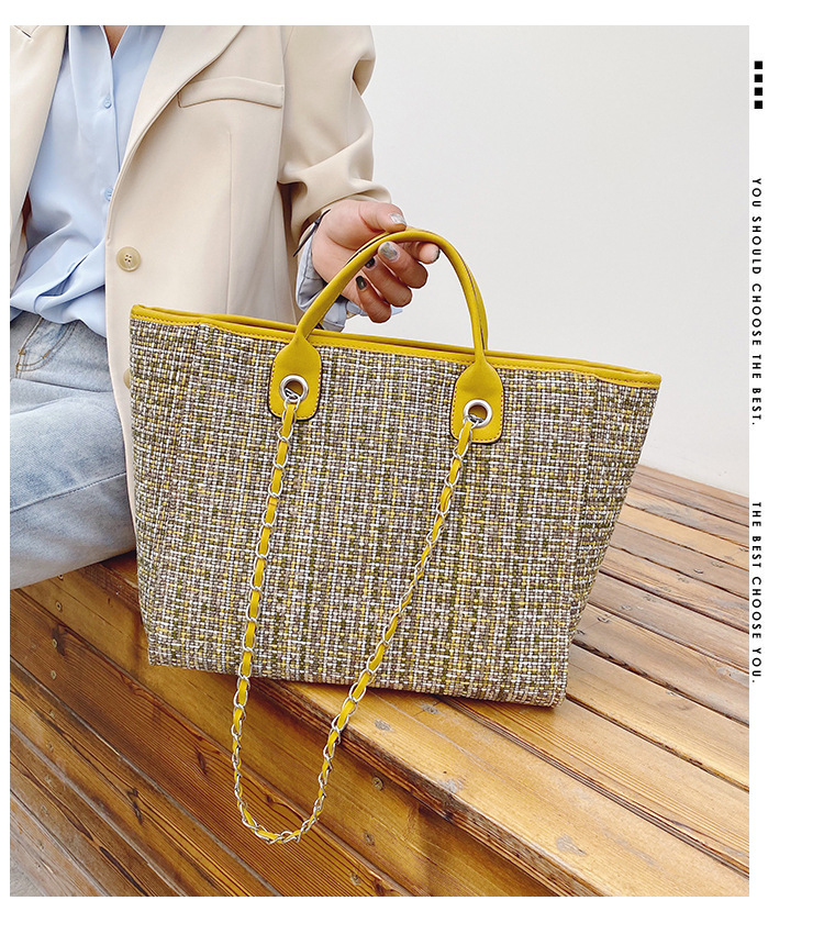 チェーン バッグ チェーン付きツイード生地トートショルダーバッグ
