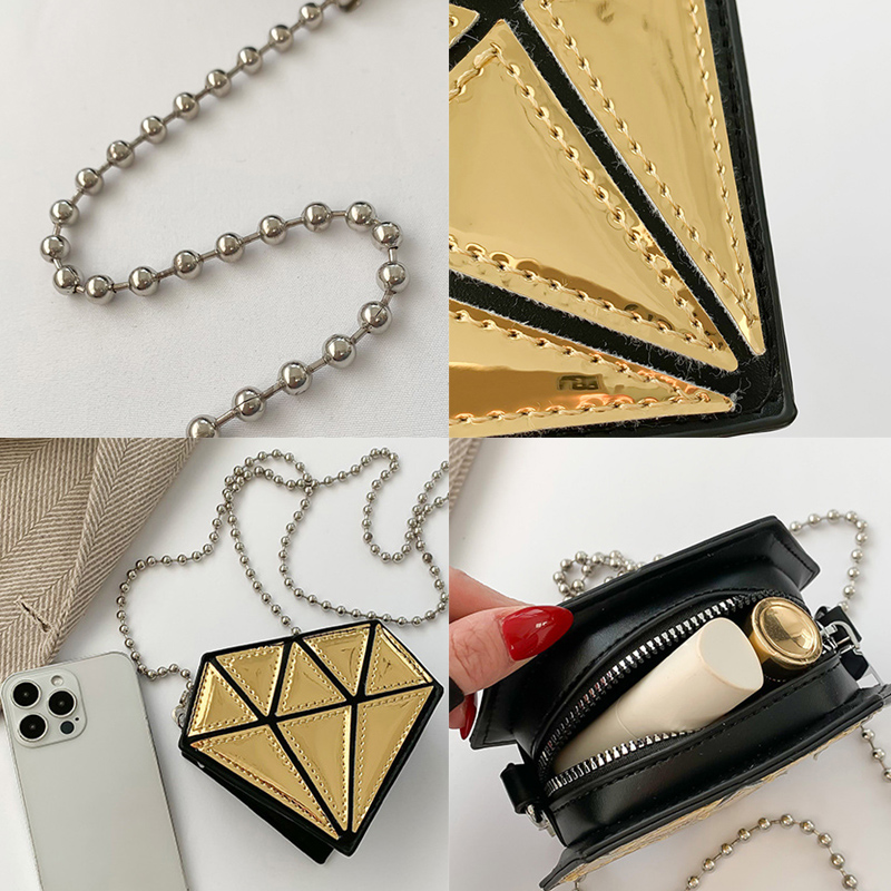 チェーン バッグ ダイヤモンド型ミニショルダーバッグ キラキラ輝く小物入れ チェーン付き
