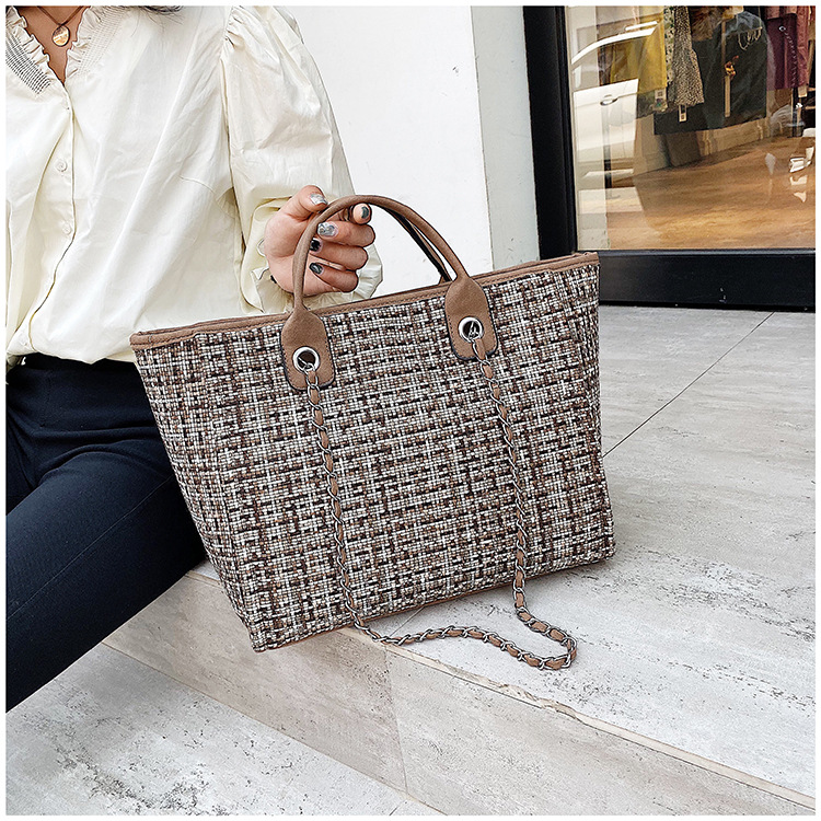チェーン バッグ チェーン付きツイード生地トートショルダーバッグ