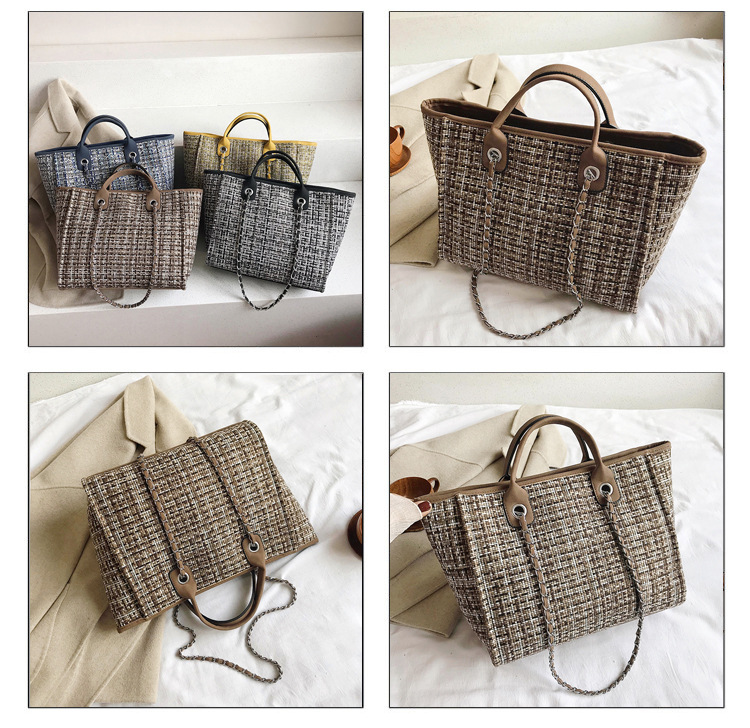 チェーン バッグ チェーン付きツイード生地トートショルダーバッグ