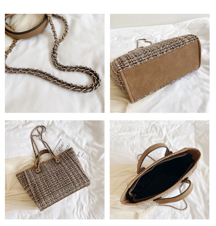 チェーン バッグ チェーン付きツイード生地トートショルダーバッグ