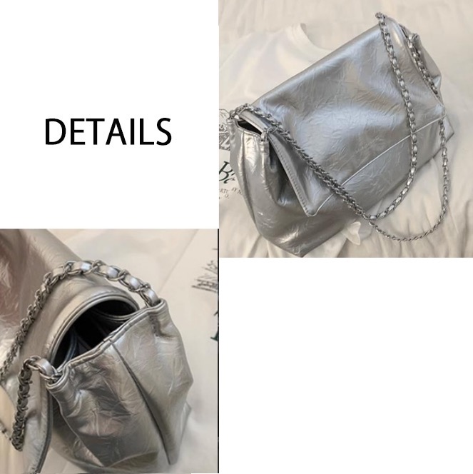 チェーン バッグ 光沢感シルバーチェーンショルダーバッグ大容量斜め掛け
