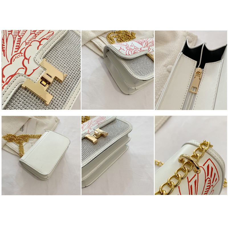 チェーン バッグ 刺繍柄ミニショルダーバッグ 金チェーン付き斜め掛け