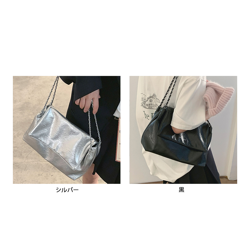 チェーン バッグ 光沢感シルバーチェーンショルダーバッグ大容量斜め掛け
