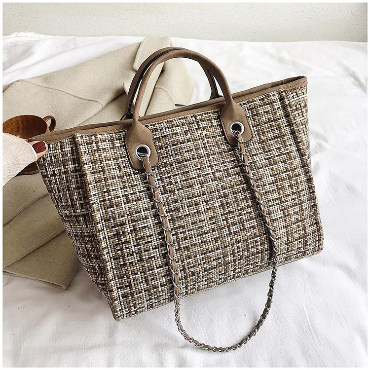 チェーン バッグ チェーン付きツイード生地トートショルダーバッグ
