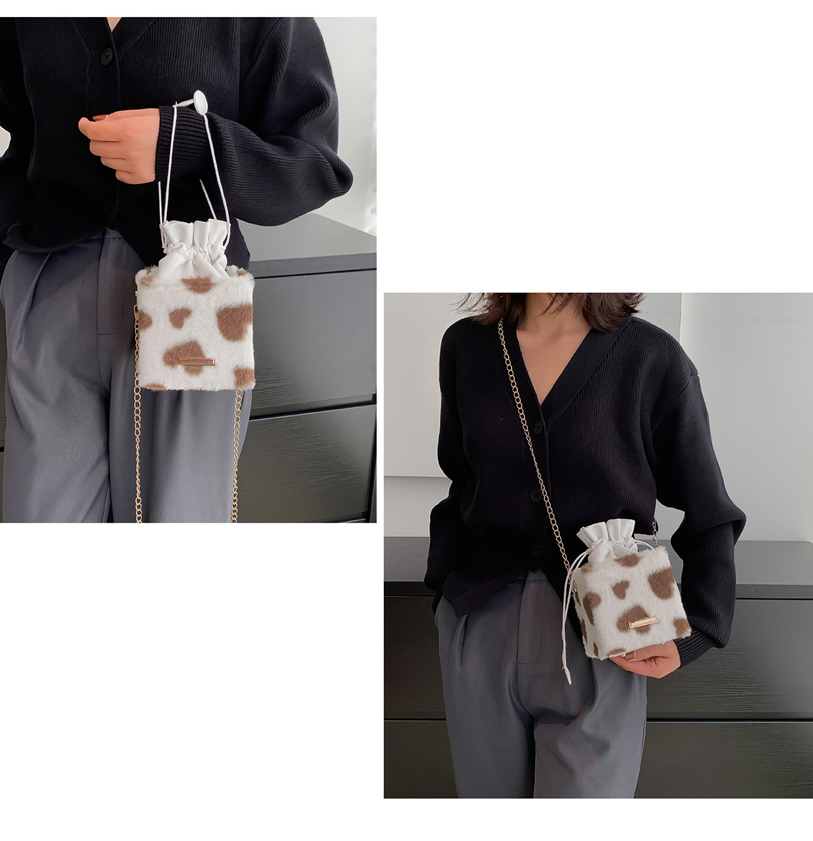 チェーン バッグ 動物柄フェイクファー ミニ巾着ショルダーバッグ