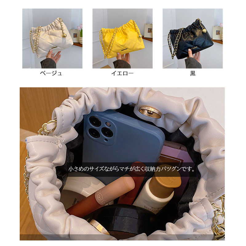 チェーン バッグ キルティング巾着型ミニバッグ チェーン付き黒