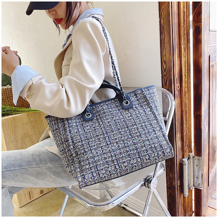 チェーン バッグ チェーン付きツイード生地トートショルダーバッグ