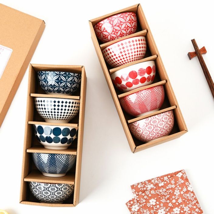 茶碗 和モダン幾何学文様茶碗五客組