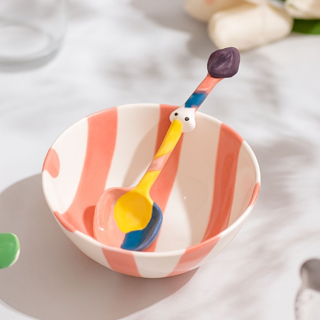 茶碗 手描き風ストライプ茶碗とスプーンのセット