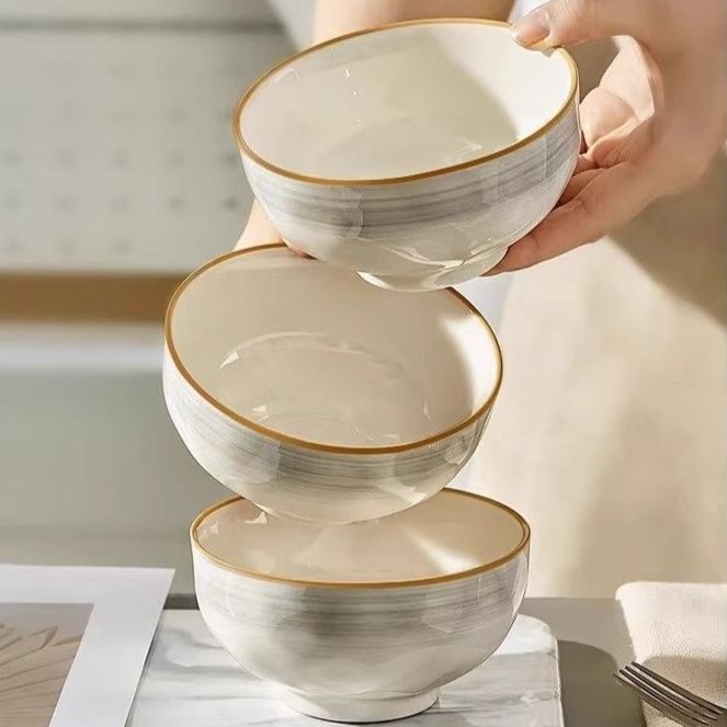 茶碗 金縁刷毛目模様の上品な陶器茶碗