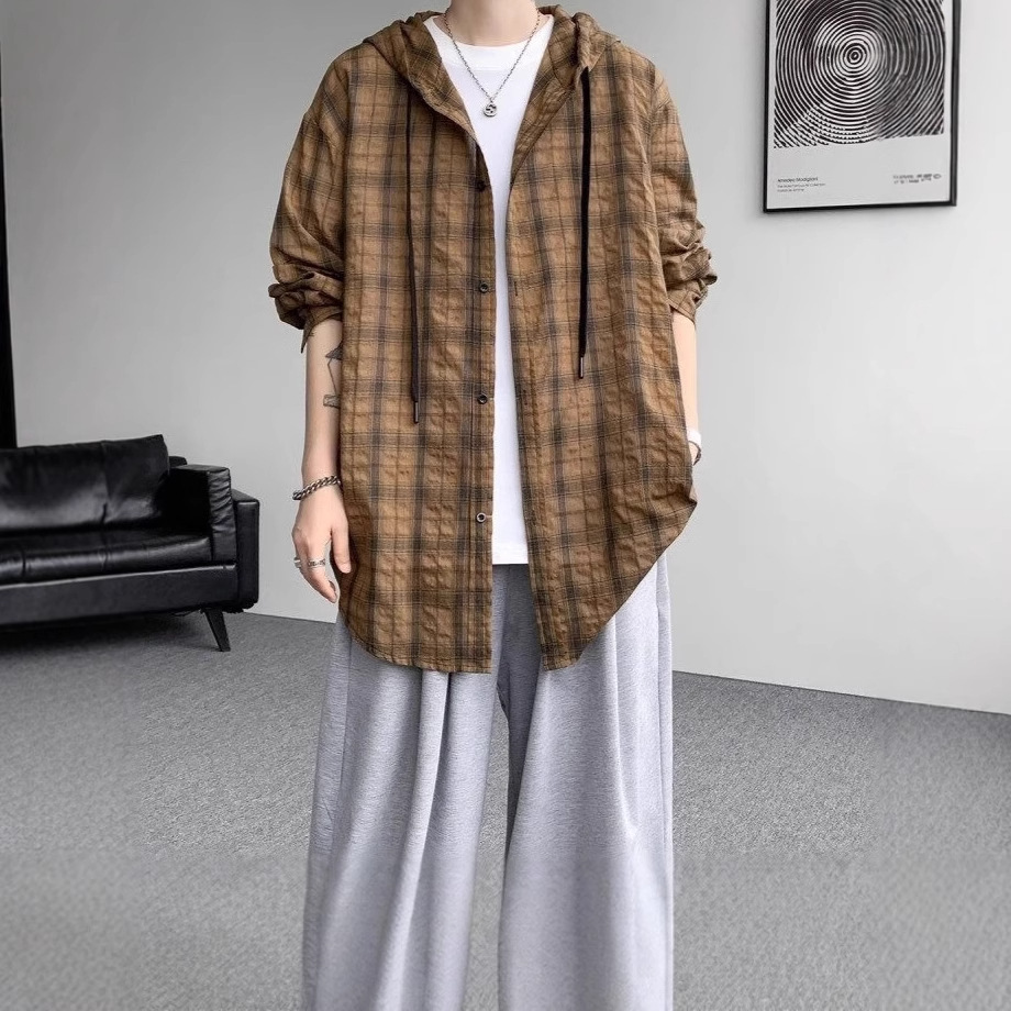 チェックシャツ フード付きゆったりチェックシャツ