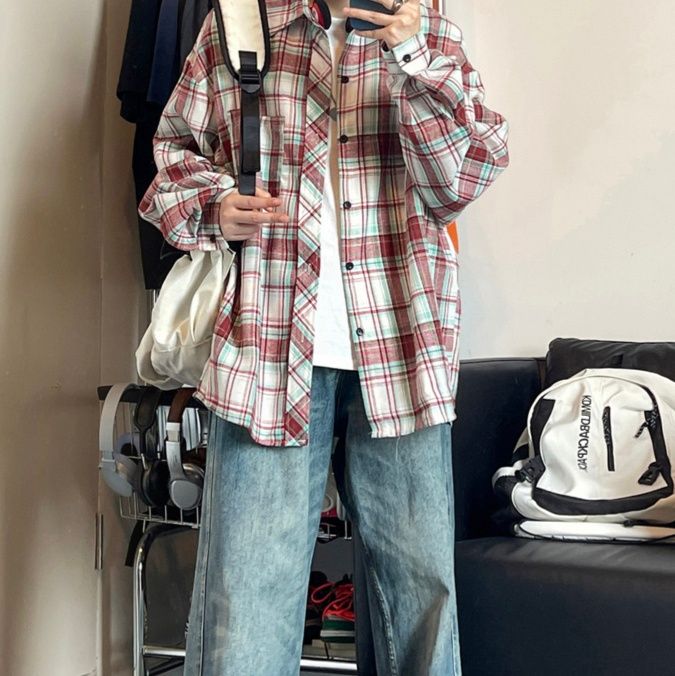 チェックシャツ 格子柄リラックス長袖シャツ