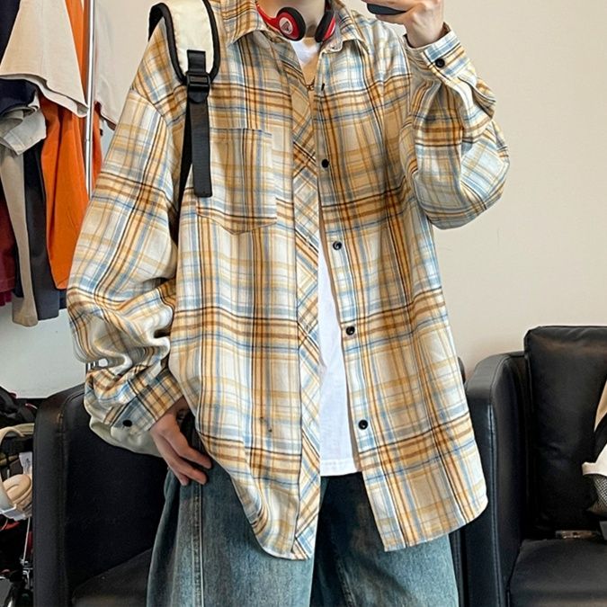チェックシャツ 格子柄リラックス長袖シャツ