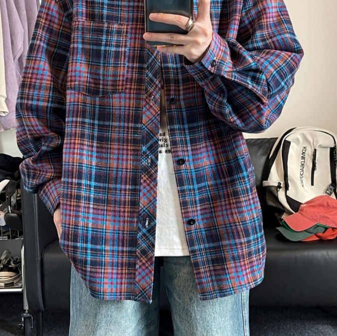 チェックシャツ 格子柄リラックス長袖シャツ