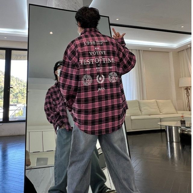 チェックシャツ クラシック格子柄ゆったり長袖シャツ
