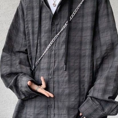 チェックシャツ フード付きゆったりチェックシャツ