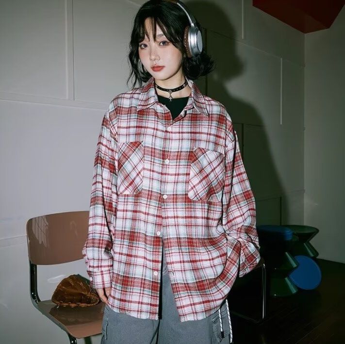 チェックシャツ 伝統格子柄ゆったり長袖シャツ