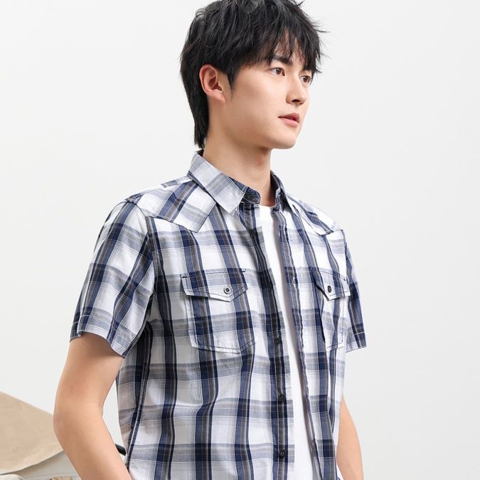 チェックシャツ 格子柄ポケット付き半袖シャツ