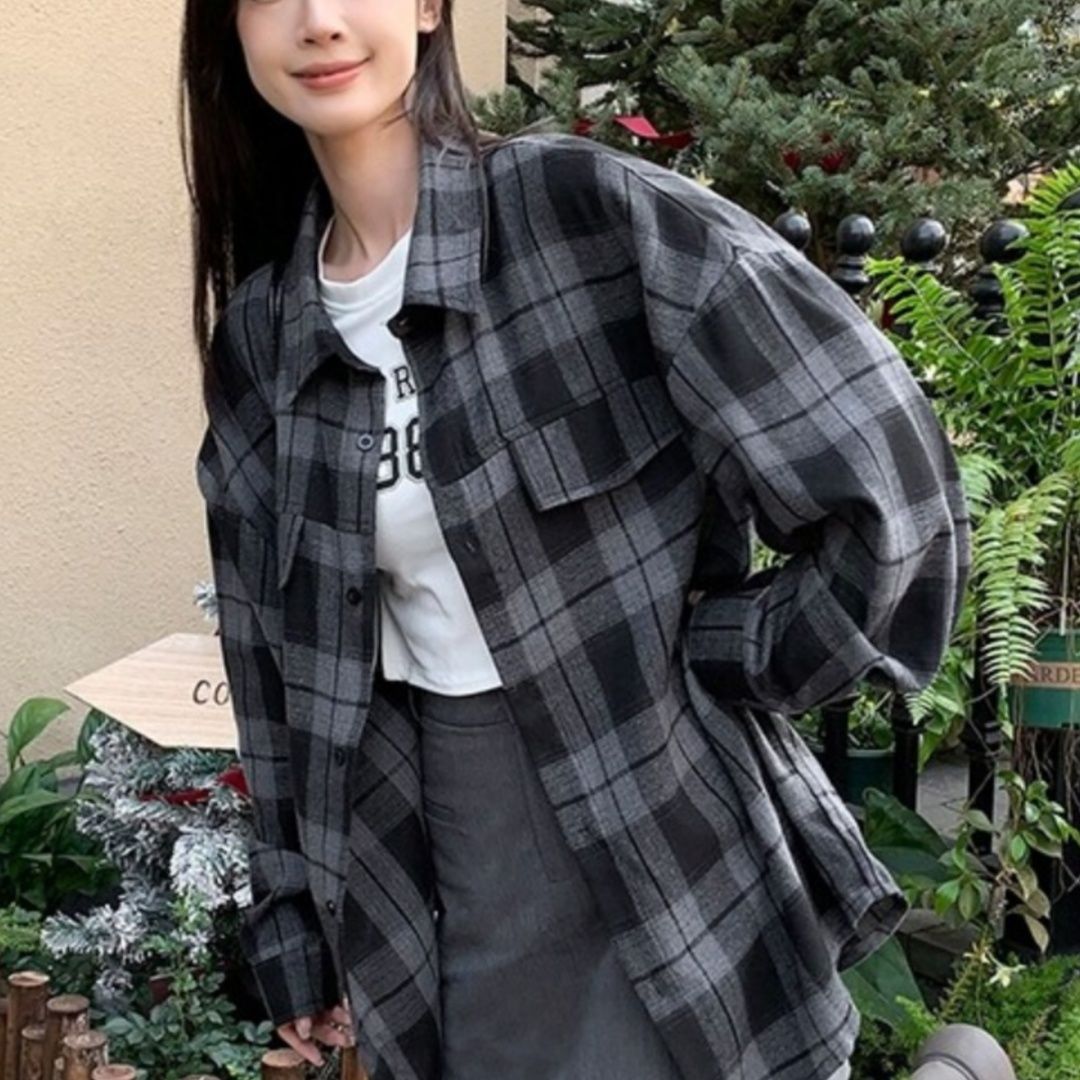 チェックシャツ ゆったりチェック柄長袖シャツ