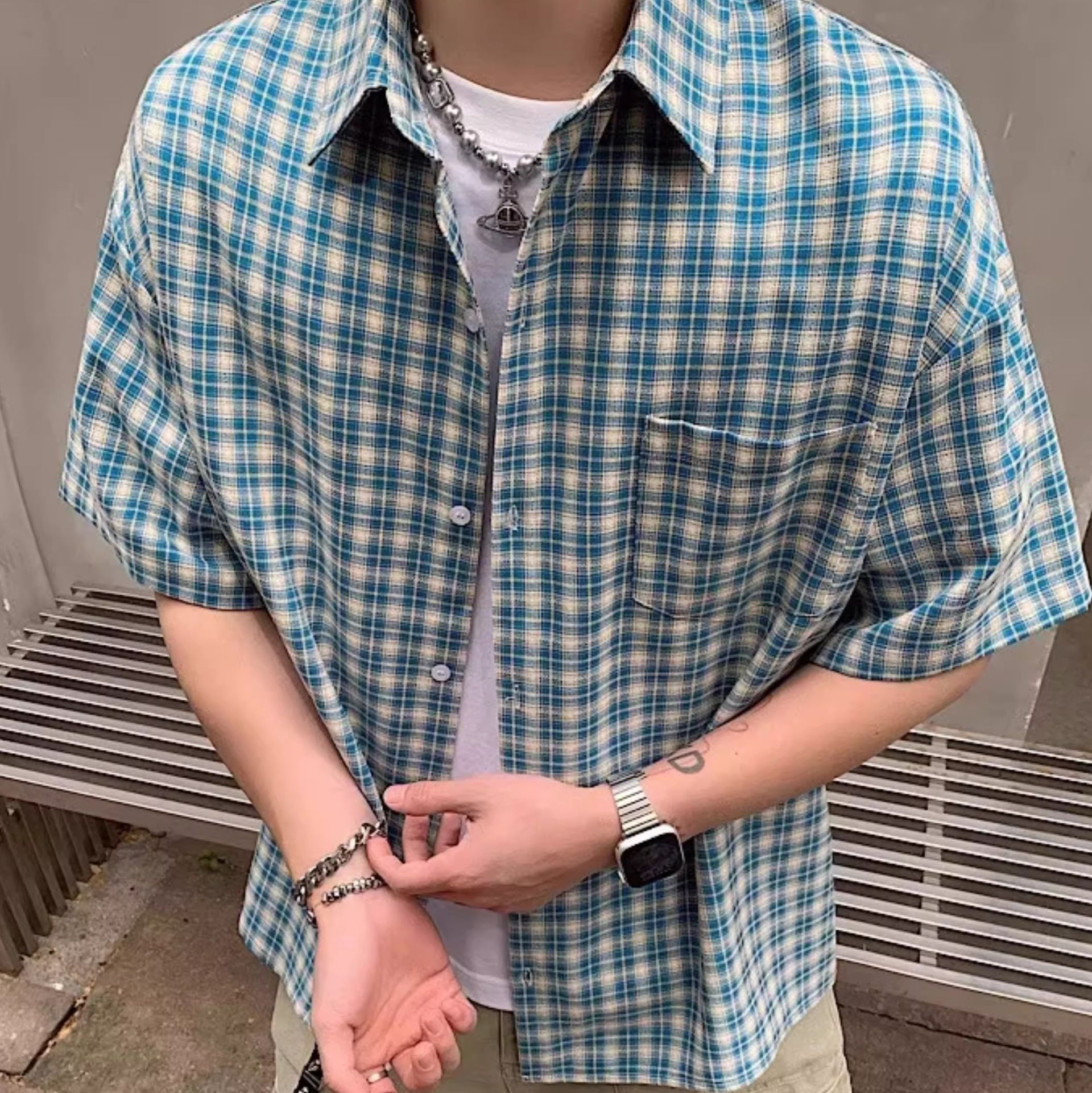 チェックシャツ 格子柄リラックス半袖シャツ