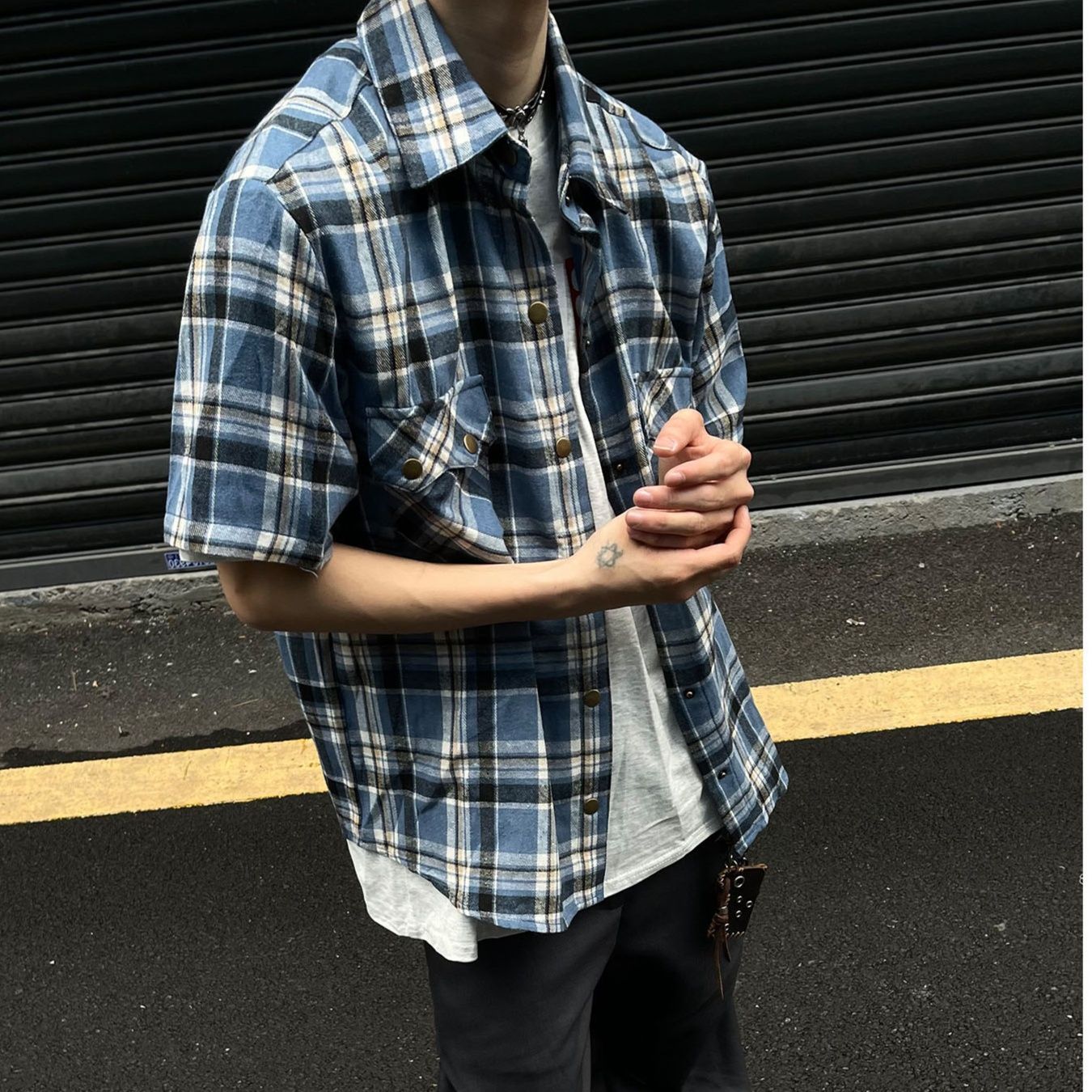 チェックシャツ ゆったりシルエット格子柄半袖シャツ