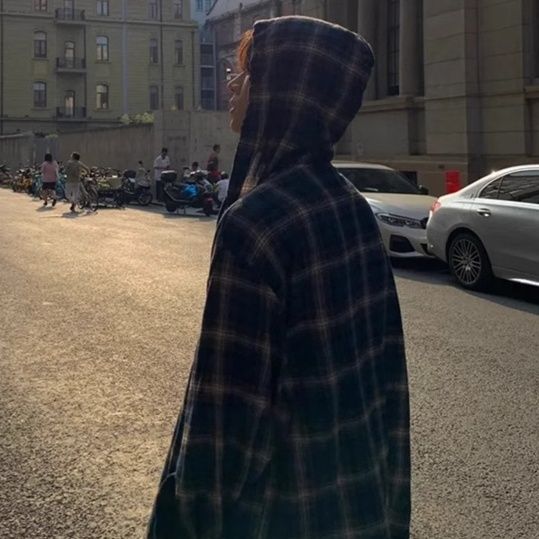 チェックシャツ フード付きゆったりチェックシャツ