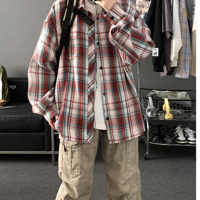 チェックシャツ クラシック格子模様 ゆったり長袖