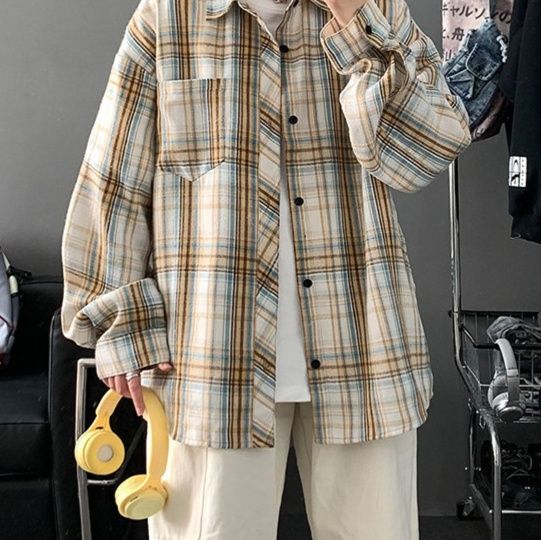チェックシャツ クラシック格子模様 ゆったり長袖