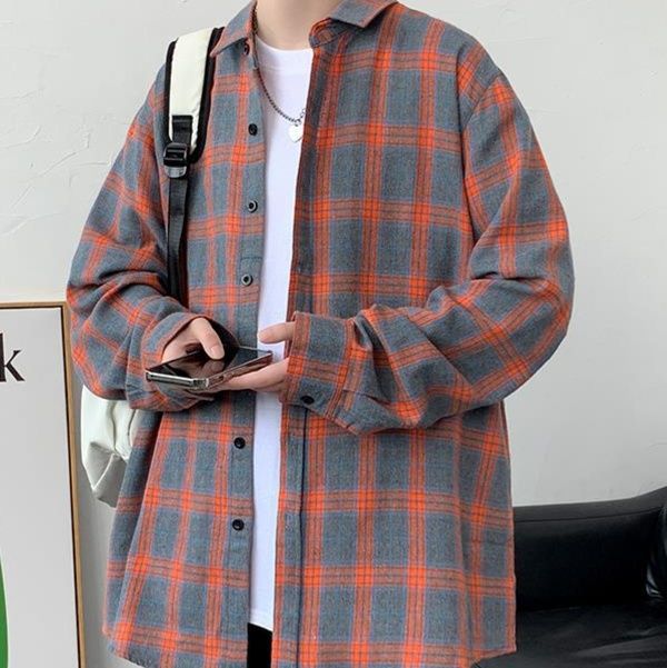 チェックシャツ 格子柄ゆったりシルエット長袖シャツ