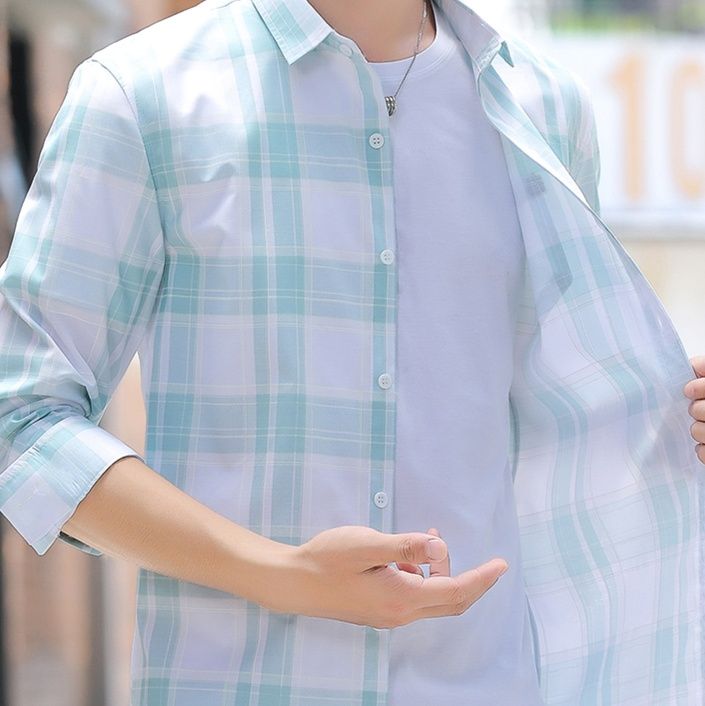チェックシャツ 格子柄すっきり胸ポケット長袖シャツ