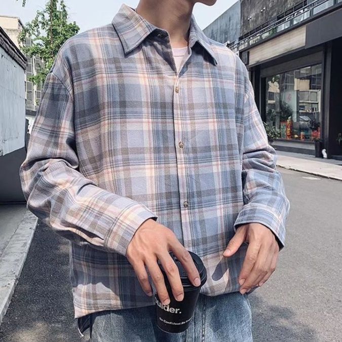 チェックシャツ 格子柄ゆったり長袖シャツ