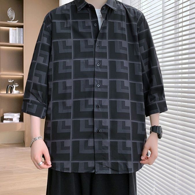 チェックシャツ 幾何学模様ゆったり半袖シャツ