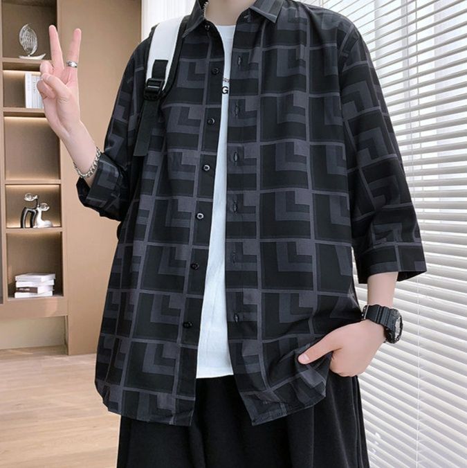 チェックシャツ 幾何学模様ゆったり半袖シャツ