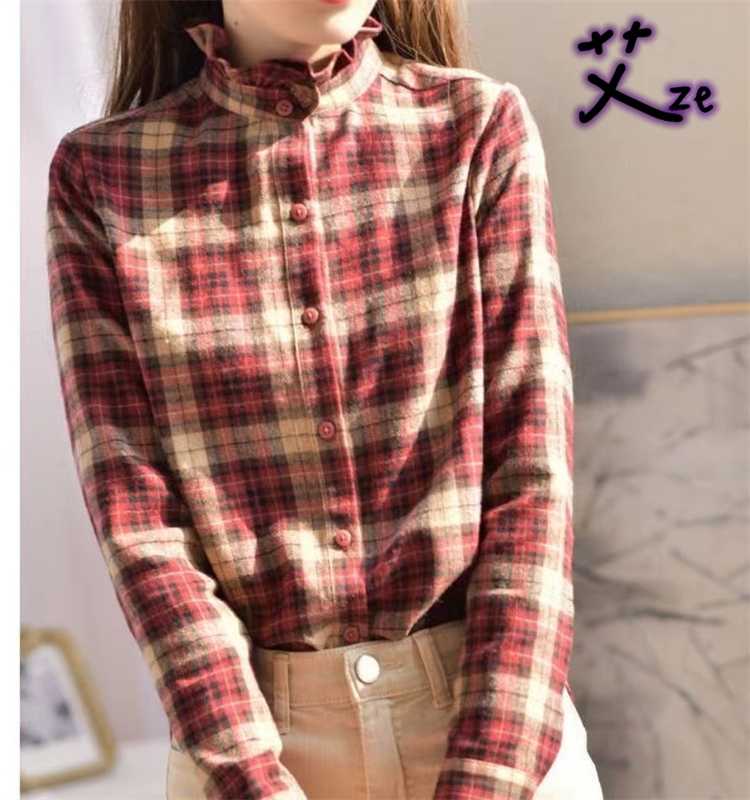 フリルネック チェックシャツ